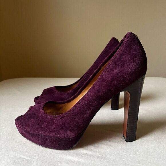 Coach Breana Platform Peep Toe Pumps Suede Leather Stacked Heel Plum Purple 9 - Picture 4 of 10